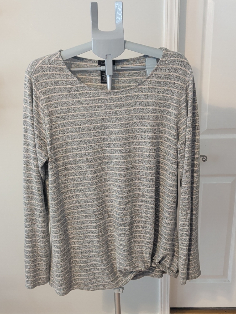 Max And Mia Gray and White Striped Long-Sleeve Knit Top with Knot Detail
